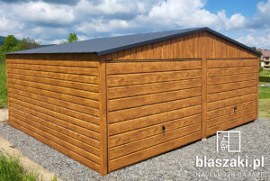 Garaż blaszany 6x6 złoty dąb z obróbkami poziomy panel