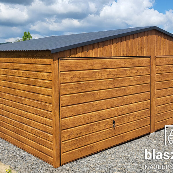 Garaż blaszany 6x6 złoty dąb z obróbkami poziomy panel